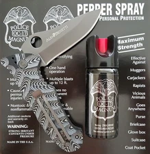 Police Magnum 2oz pepper spray safety lock Alfa Benetti tactical folder knife 