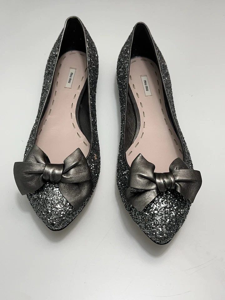 MIU MIU AMAZING SILVER GLITTER PEWTER BOW POINTY TOE FLATS Sz 39.5 I LOVE SHOES - Image 3 of 4