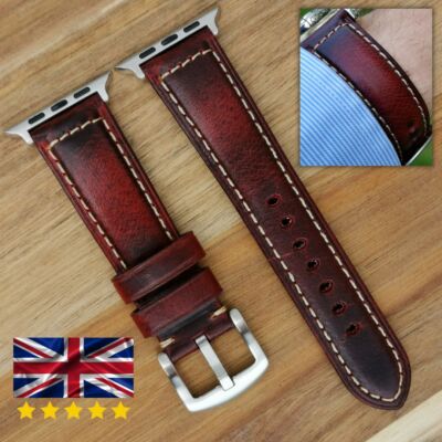 Cracked Burgundy Leather Apple Watch Band Handmade 38mm