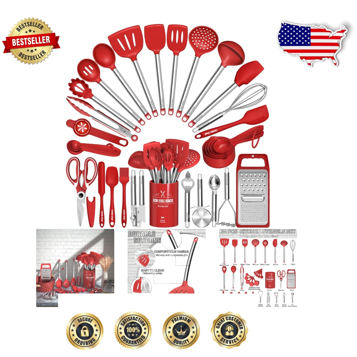 34-Piece Silicone Cooking Utensil Set - Eco-Friendly Ergonomic Kitchen Tools
