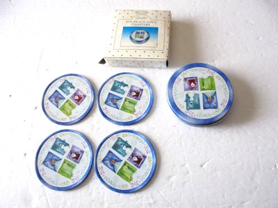 Christmas Tin Cork Coasters Joy Peace Love Set of 4