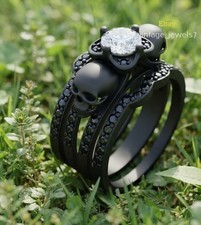 2.64CT Round Lab Created Diamond Trio Ring Set Skull Gothic 14K Black Gold Over