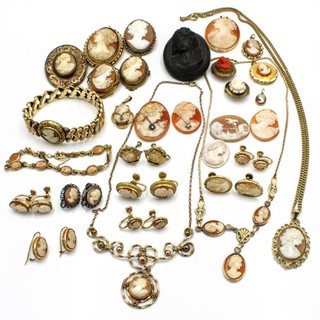 Antique Carved Shell Gutta Percha Cameos Gold Filled Jewelry Lot of 32 #M1371 1