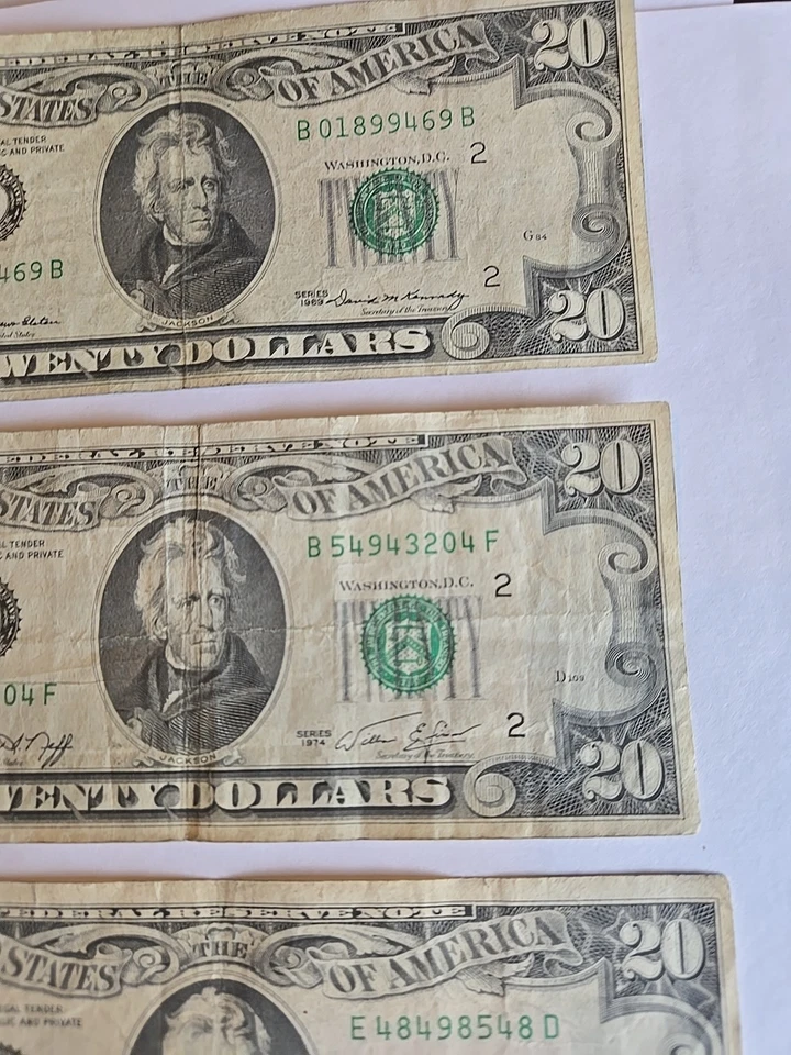$20 Dollar bills 1969 1974 1974 Lot of 3 Old design small face Circulated - Image 3 of 4