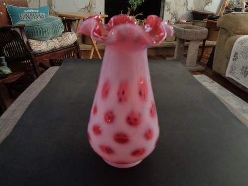 Vintage Fenton Vase Pink Cranberry Glass Opalescent Coin Dot Pink Ruffled Top 7"
