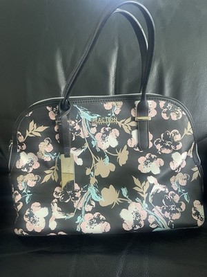 Kenneth Cole Reaction Floral Satchel Handbag Black Pink Blue Beige Gold Hardware