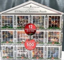 Thomas Kinkade 12 Days Of Christmas Mini Puzzles & Tins Makes a 500 Piece Puzzle