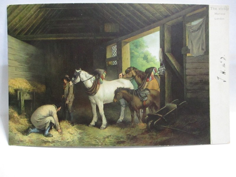 1905 POSTCARD THE STABLE, MAN WITH HORSES