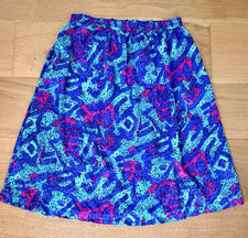 80s/90s Vintage Blue Pink Wms Small  Abstract Print Midi Skirt Elastic Waist
