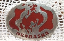 Belt Buckle. Handcrafted Western Buckle Red and Silver Says Nebraska