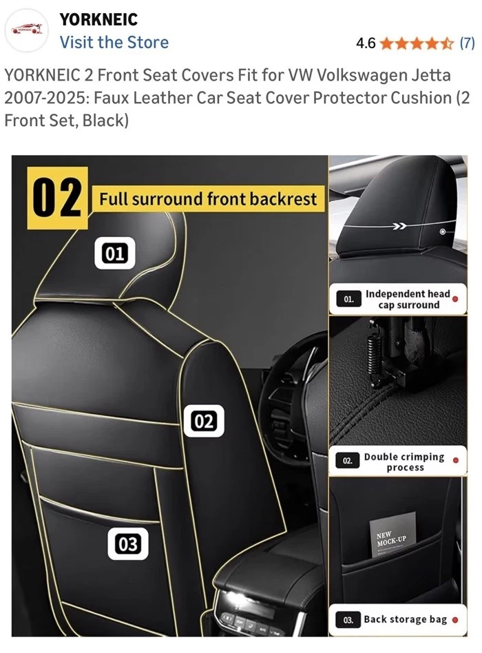 Capas de assento dianteiro adequadas para VW Volkswagen Jetta 2007-2025 couro sintético NOVO EM FOLHA - Imagem 3 de 4