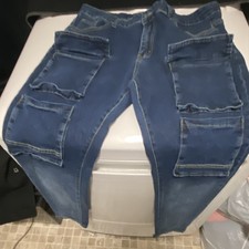 Cargo Pocket Blue Denim Jeans Zip Button Back...