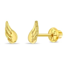 Angel Wings Toddler / Kids / Girls / Teen Earrings Safety Screw Back - 14k Gold