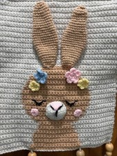Handmade Crochet Bunny Wall Hanging Nursery Baby Room Decor Pink Blue Yellow 18”