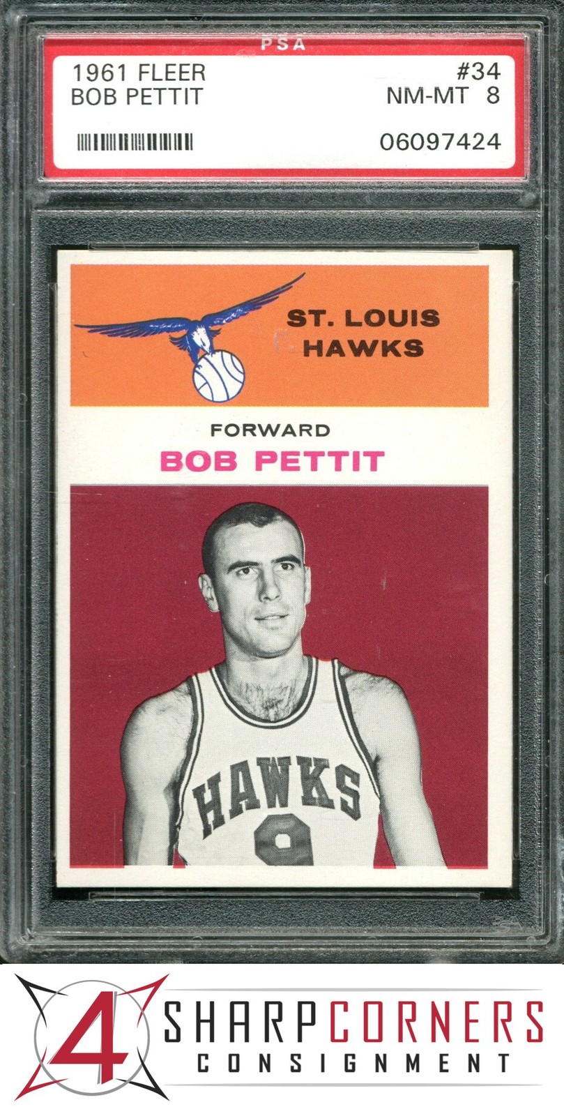 1961 FLEER #34 BOB PETTIT HAWKS HOF PSA 8