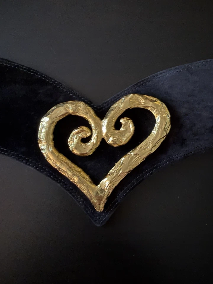 复古 Édouard Rambaud Paris 腰带金色心形扣 33.5 黑色麂皮绒 — 第 2/4 张图片
