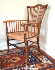 18th Or 19th Century Antique Spindle Back Rush Seat Elbow Chair Arts And Crafts