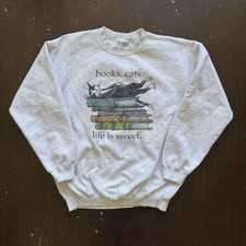 Vintage Cat Sweatshirt Books Cats Life Is Sweet Crewneck Cartoon Grandma Core L