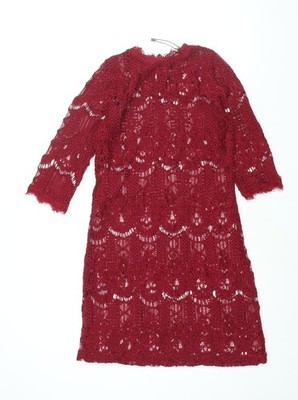 Boohoo Damen rot Polyester Etuikleid Größe 8 Stehkragen Knopf - halbtransparent