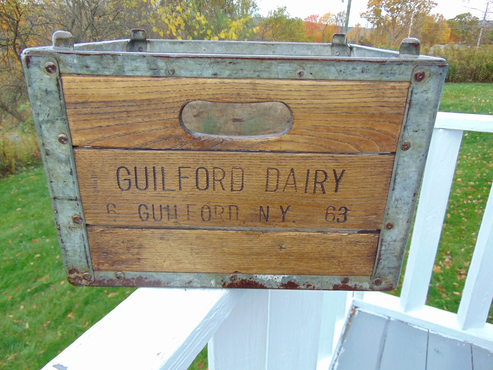 Vintage WOOD & METAL 6 GUILFORD NY 63 GUILFORD DAIRY Milk Bottle
