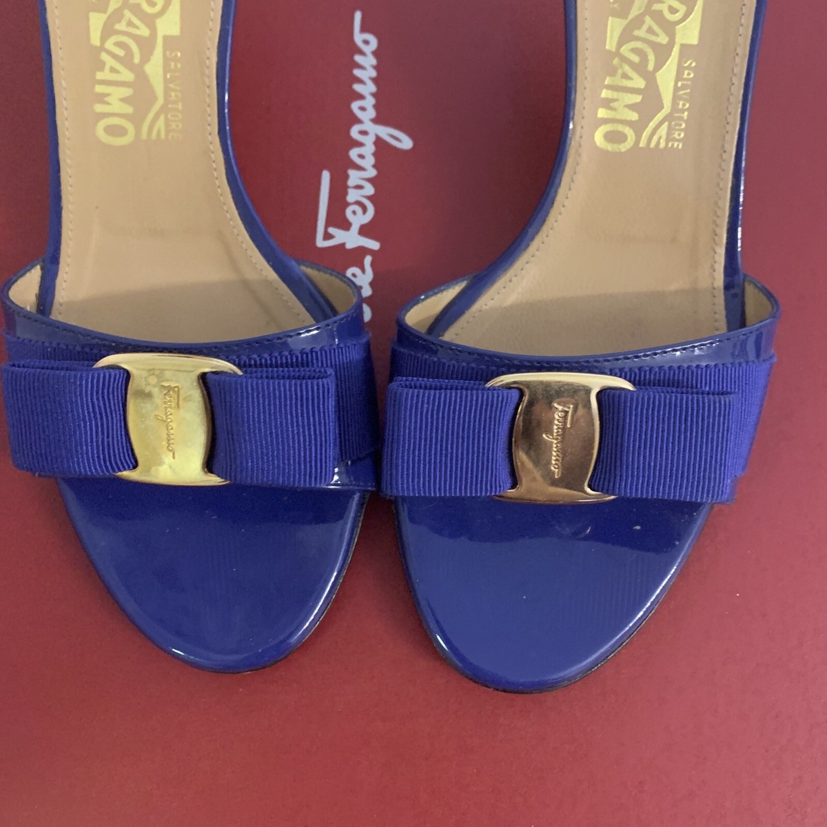 Salvatore Ferragamo Royal Blue Patent Leather Bow Slide