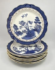 Booths Real Old Willow Dinner Plate Round Porcelain Gold Rim 9 7/8 8Pc Set