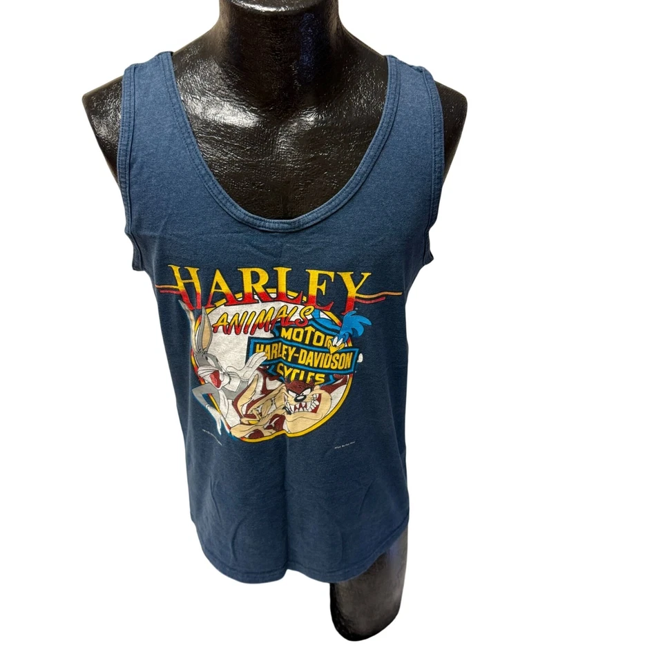 Camiseta sin mangas Harley Davidson de colección para motocicletas ANIMALES 1993 BUGS BUNNY TAZ camisa muscular Foto 2 de 4