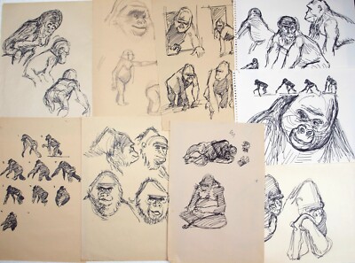 Richard Bazley (geb.1962) 9 x Zeichnungen Affen & Säuglinge. Animator für Disney, Tarzan