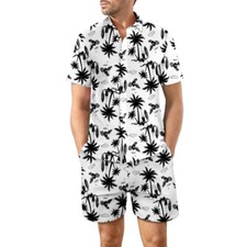2Pcs Printed Beach Shirt Summer Suit Loose Lapel Button Top And Drawstring Pocke