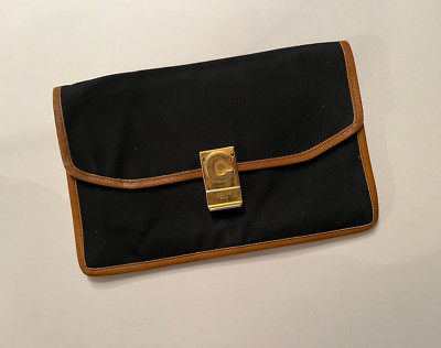 Celine Paris Vintage Canvas Clutch Leather Trim