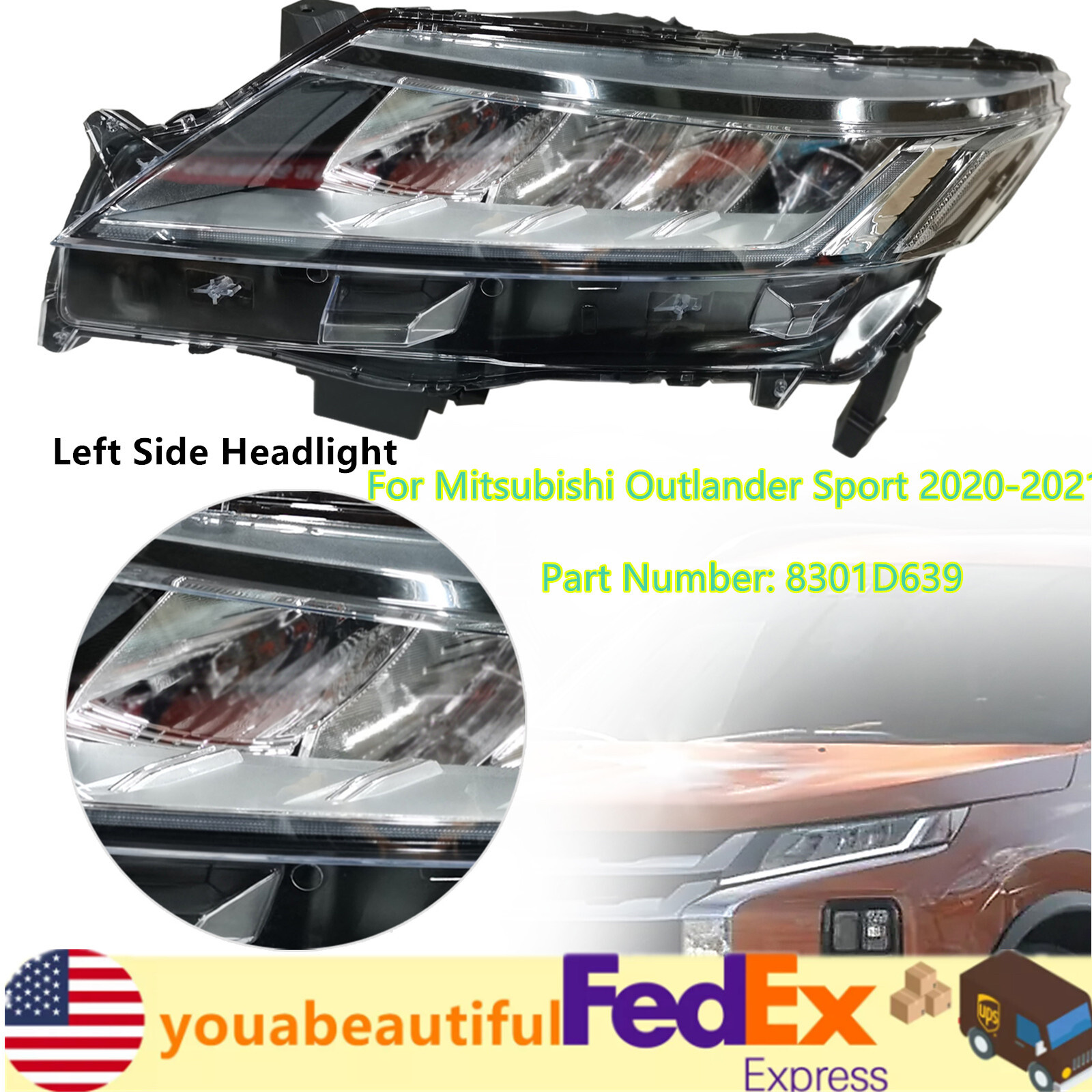 For Mitsubishi Outlander Sport 2020 2021 Left Driver Side Headlight 8301D639