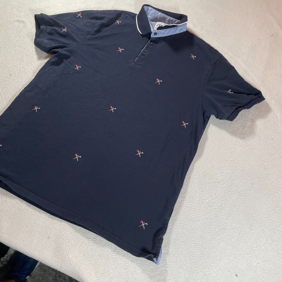 Zara Polo Shirt Mens 2XL XXL Blue Golf All Over Print Sports Rugby