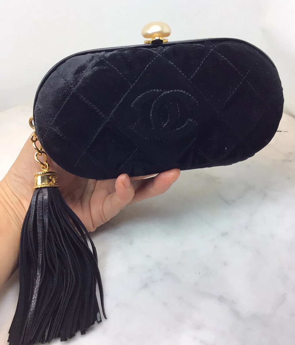 VTG Genuine CHANEL Black Velvet Box Pearl Tassel Small Evening Clutch Bag  Rare