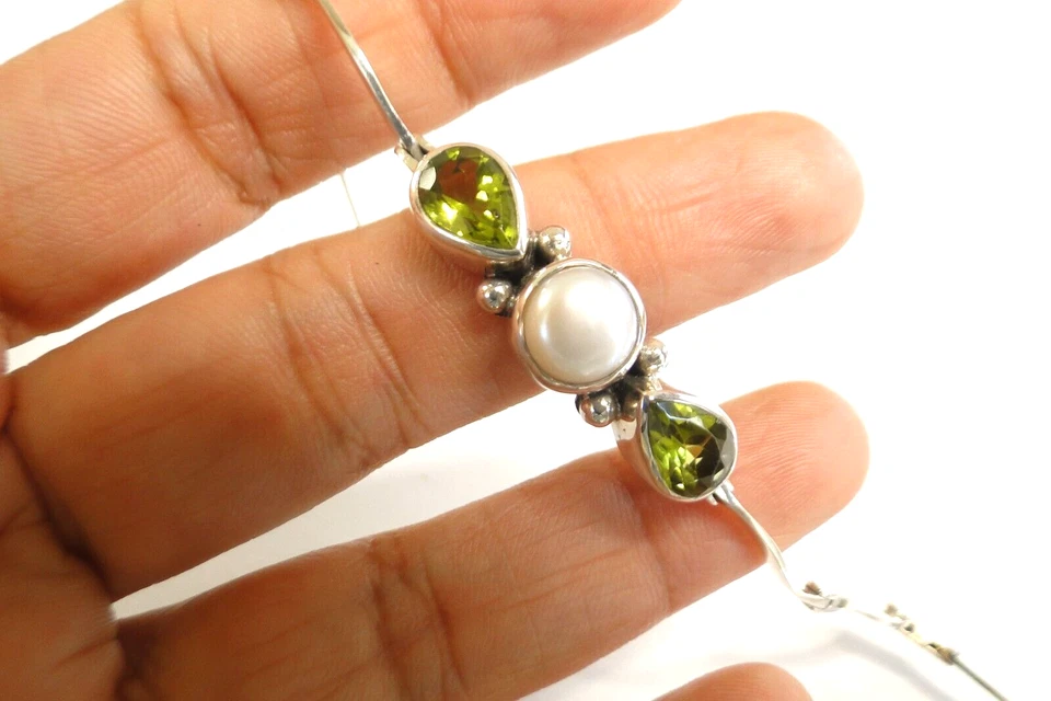 Green Peridot White Mabe Pearl Trio Three Stone 925 Sterling Silver Bracelet - Image 3 of 4