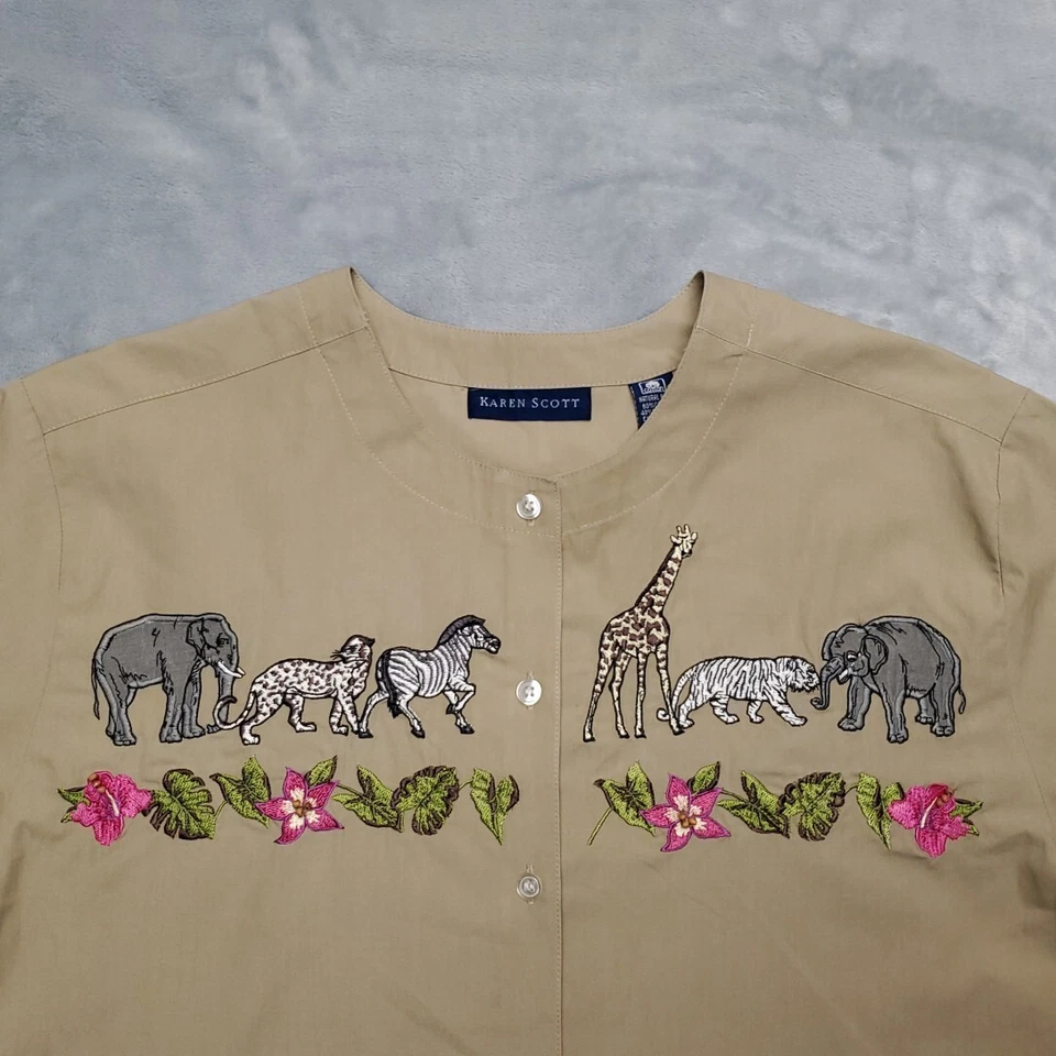 Karen Scott Shirt Women M Brown African Safari Animals Embroidered Cottage Core - Image 3 of 4