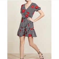 Madewell Bianca faux wrap dress striped floral black white puff sleeves  Size S