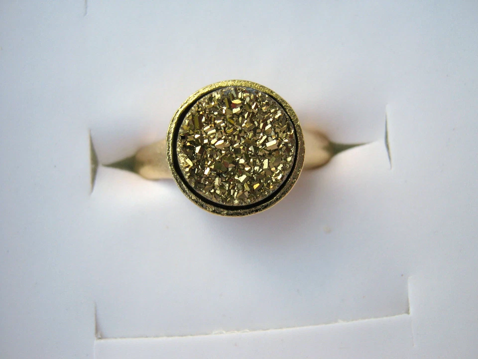 10mm Round Gold Druzy Quartz Ring 14k Satin Gold over Bronze Multiple Sizes - Image 2 of 4