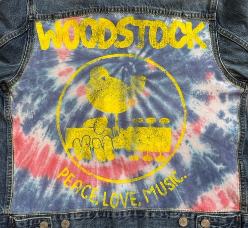 WOODSTOCK Denim Jacket Peace Love Music 60s Tie Dye Upcycled Vintage Retro Sz M - Picture 10 of 12