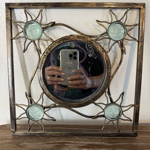 Vintage Celestial Glass Wall Mirror Sun Iron Metal Accent Whimsical Boho 90s