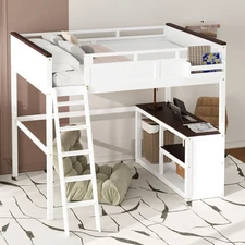 Queen Size Loft Bed with Desk Ladder Storage Shelf Solid Wood Bedroom Bed Frame