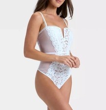 Auden Women s White Crochet Lace V-Wire Lingerie Thong Bodysuit -White- XL NWT