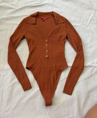 GUESS Brown Ribbed Henley Button Long Sleeve Stretch Bodysuit Women S