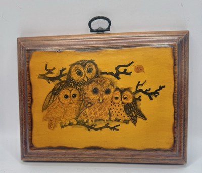 Vintage Four owl wall hanging wood Lacquer 7  X 5 1/2  Signed Betty