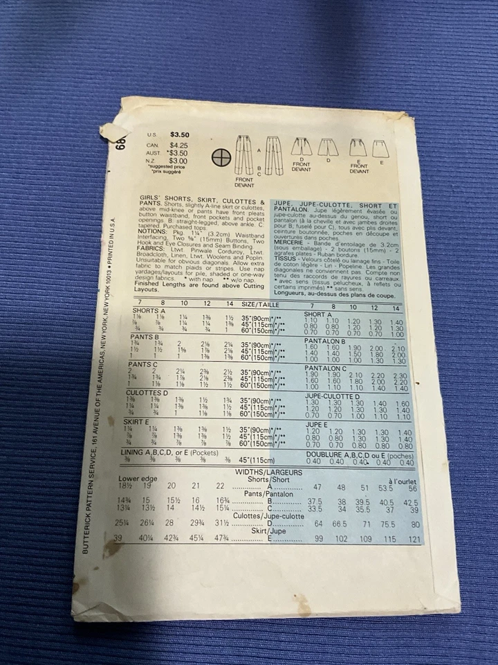 Pantalones Cortos*falda*culottes*pantalones para Niñas Butterick De Colección Patrón 6803 Talla 7; sin Cortar; FF Foto 3 de 4