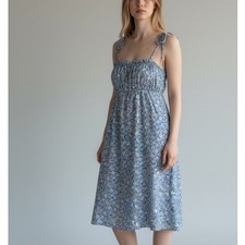 Forever 21 Blue Floral Mini Dress Large Tie Shoulder Ruched Bust Ruffle Trim