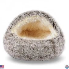 Cozy Khaki Cat Cave Bed for Cats & Small Dogs - Fluffy, Washable, Anti-Slip 24