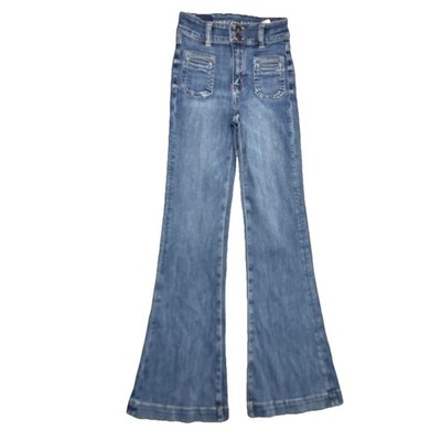 American Eagle Hi Rise Flare Jeans Womens 000 Medium Wash Patch Pockets Y2K