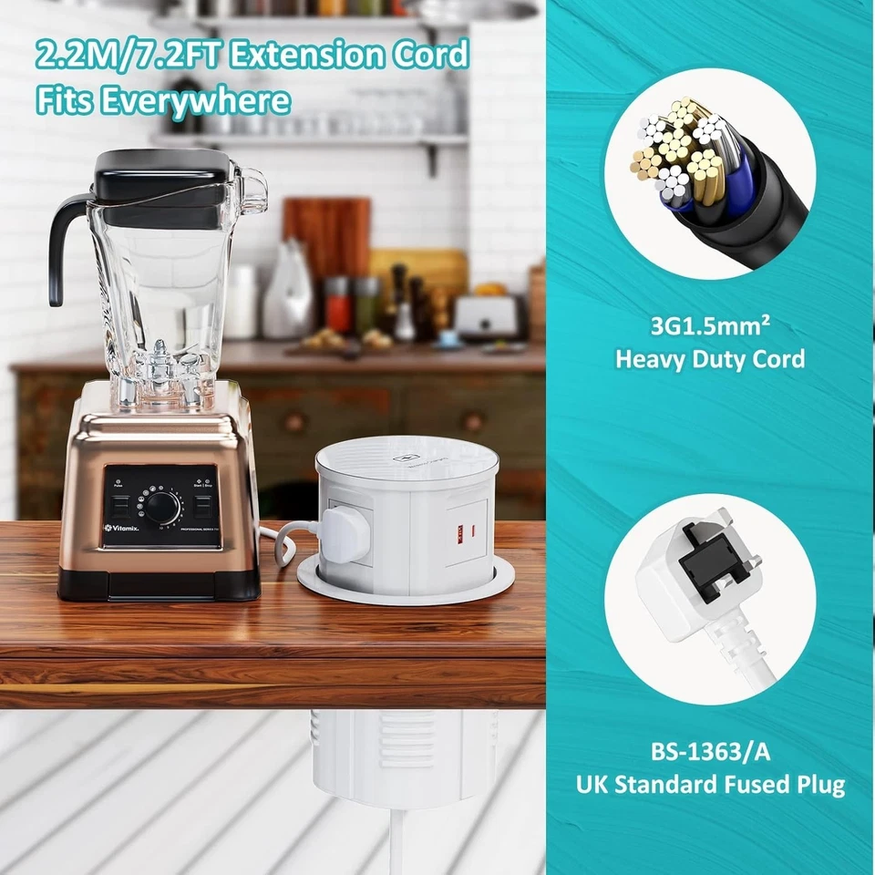 Pop Up Kitchen Worktop Sockets with Wireless Charging, USB C Pop Up Socket white - Image 3 of 4