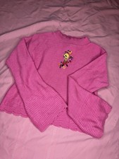 Girls Tweety Bird Pink Bell Sleeve Sweater Y2k 90s Vintage Scallop Hem Sz L