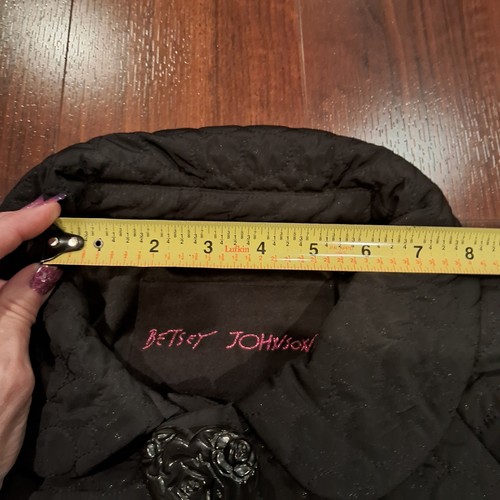 Womens Black Quilted Hearts Full Snap Down BETSEY JOHNSON Winter Coat Size Small - Picture 15 of 24